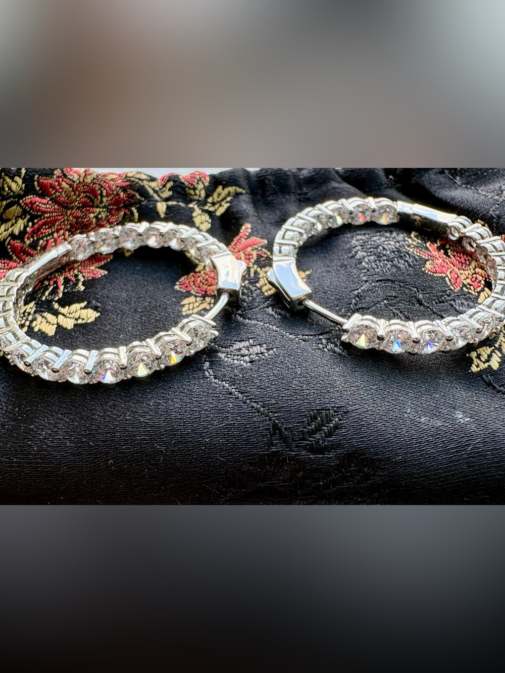 Silver Tone CZ Hoop Earrings | Sparkling Round Stone Latch Back Hoops - Picture 8 of 12